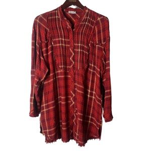 FREE PEOPLE Intimately Women’s Red Plaid Tunic Shirt Dress Size M Fringe Edge
